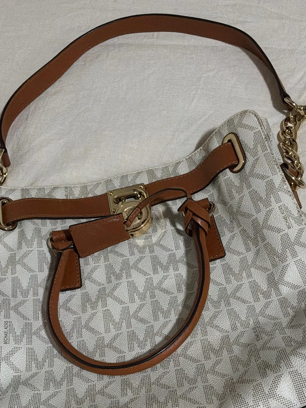Michael Kors Cream and Brown MK Signature Tote with Gold Hardware